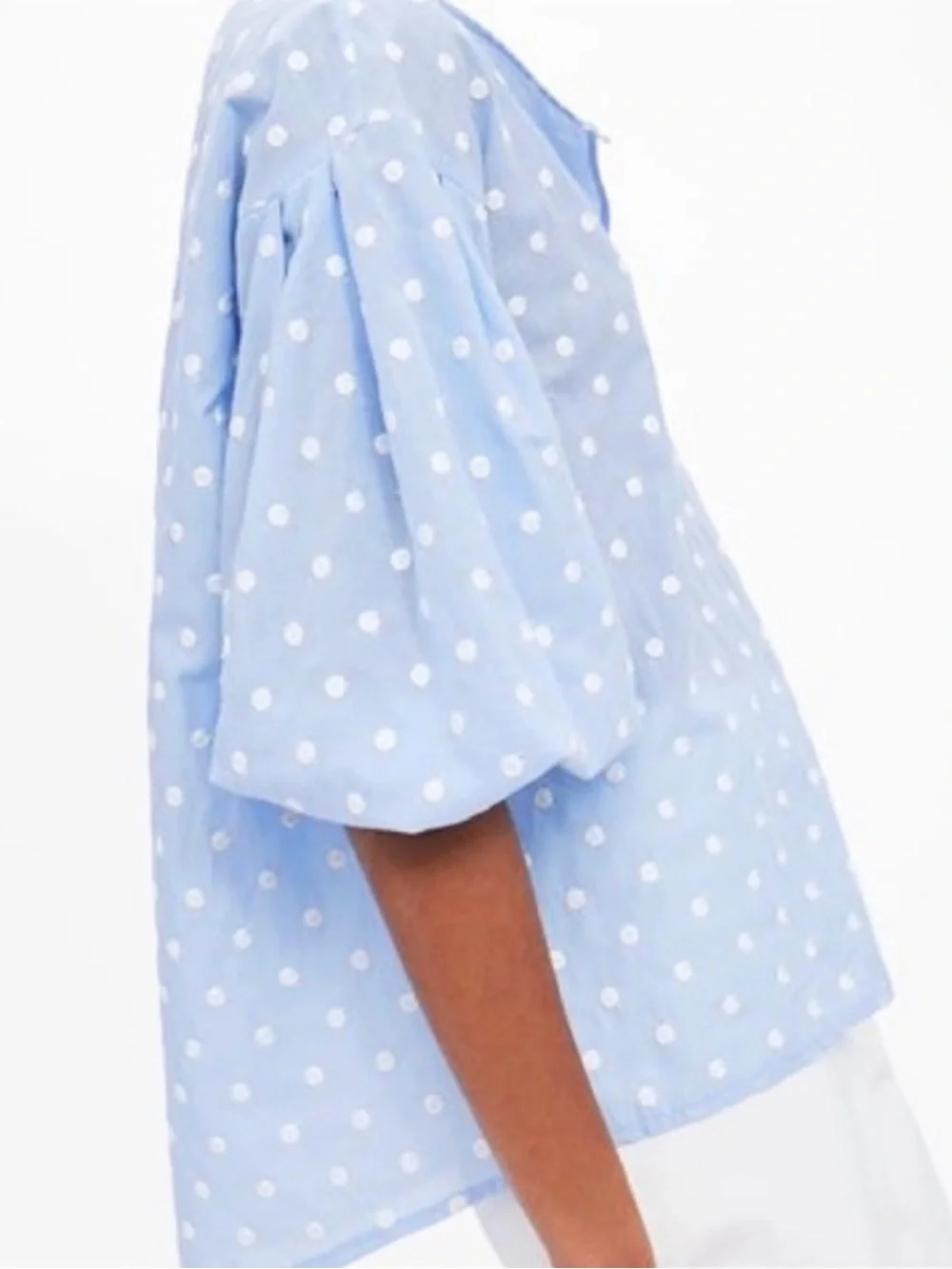 Zara Light Blue Embroidered Polka Dot Puff-Sleeve Top